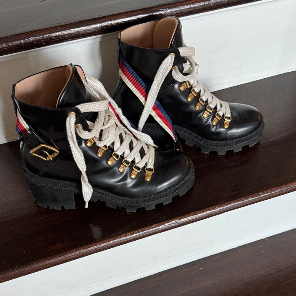Gucci Black Lace-Up Boots with Gold and Red Accents